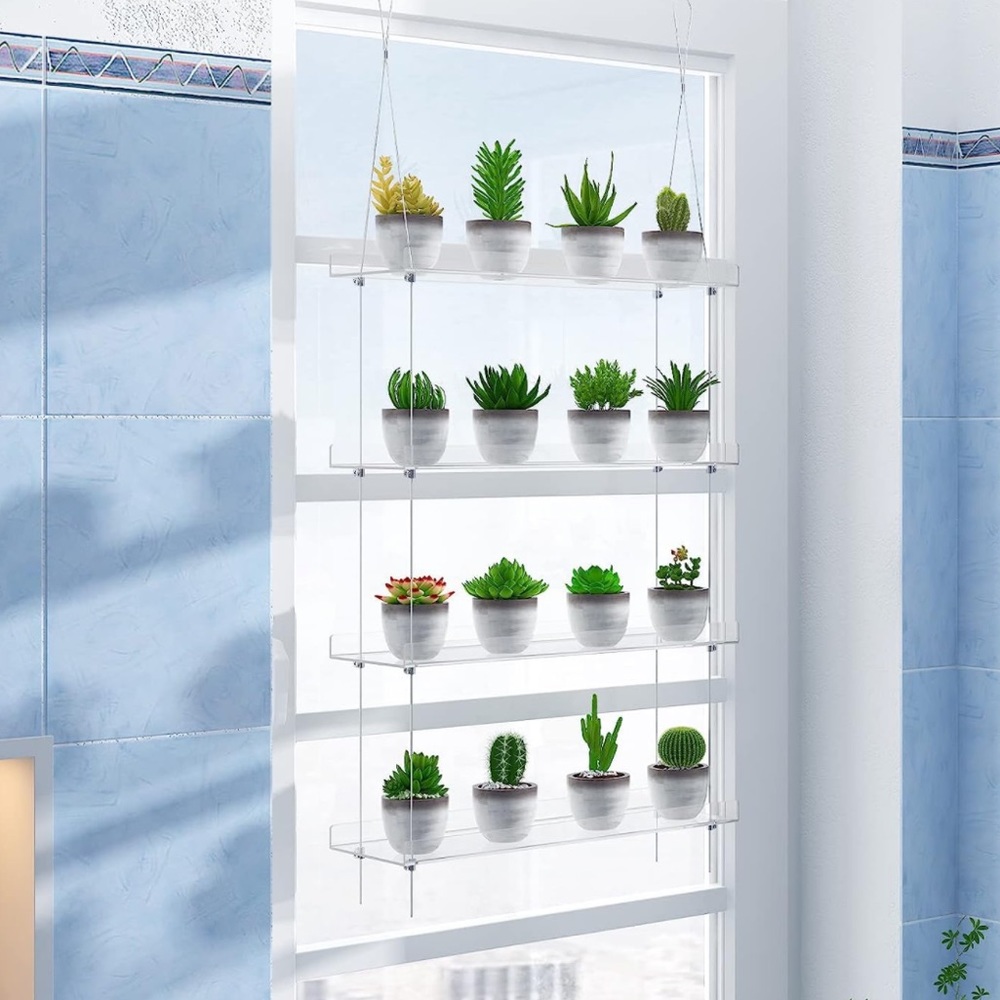 4 Tiered Clear Hanging Window Plant Shelves